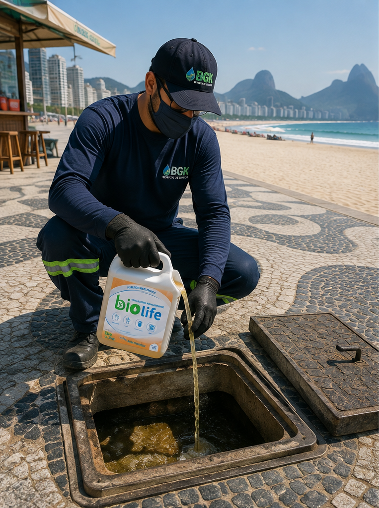 Profissional da BGK aplicando o BioLife em caixa de gordura no calçadão da praia